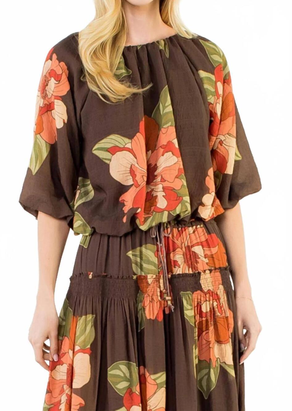 NEW THML floral bubble hem top in brown